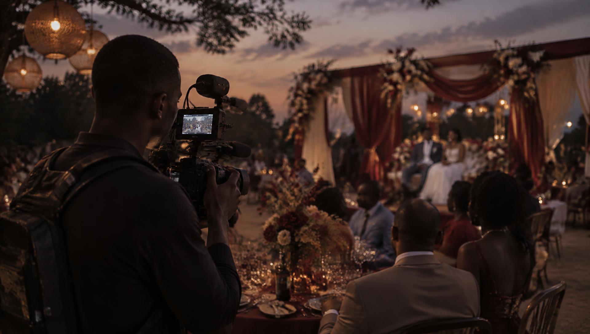Videographer filming a wedding reception at dusk